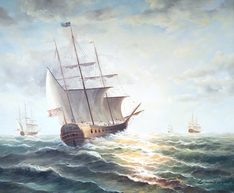 Ernest Ponthier (French, 1862-1931), oil on canvas, 'Three-masted sailing vessel at sea', signed, 49 x 59cm, ornate gilt frame.